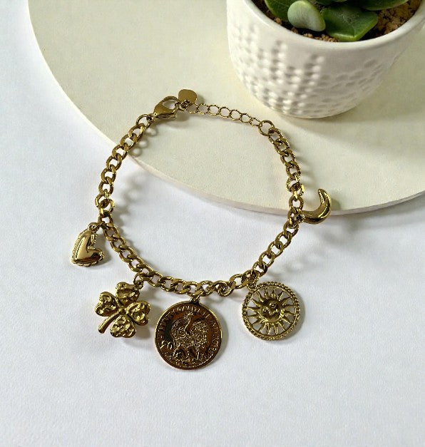Bracelet LOLA breloque tréfle coq lune soleil - Chic et sublime by sz