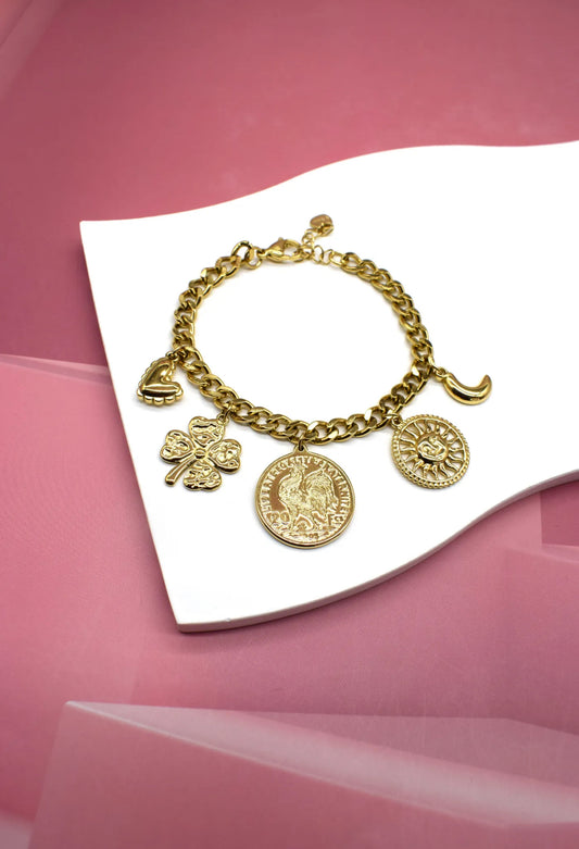 Bracelet LOLA breloque tréfle coq lune soleil